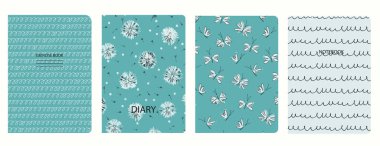 Tavukların, kuşların, kelebeklerin, güvelerin, ekoseli ve soyut dairelerin desenlerine dayalı kapak sayfası şablonları. Mavi, defterler, not defterleri, günlükler, planlamacılar için arka plan. Başlıklar izole edildi