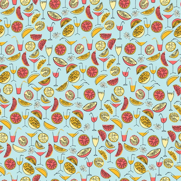 表面のデザイン ポスター イラストのためのカクテルやスムージーの手描きの柑橘類やメガネとシームレスなパターン 健康的なビーガンフード トロピカルフルーツのテーマ — ストックベクタ