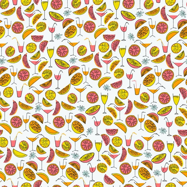 表面のデザイン ポスター イラストのためのカクテルやスムージーの手描きの柑橘類やメガネとシームレスなパターン 健康的なビーガンフード トロピカルフルーツのテーマ — ストックベクタ