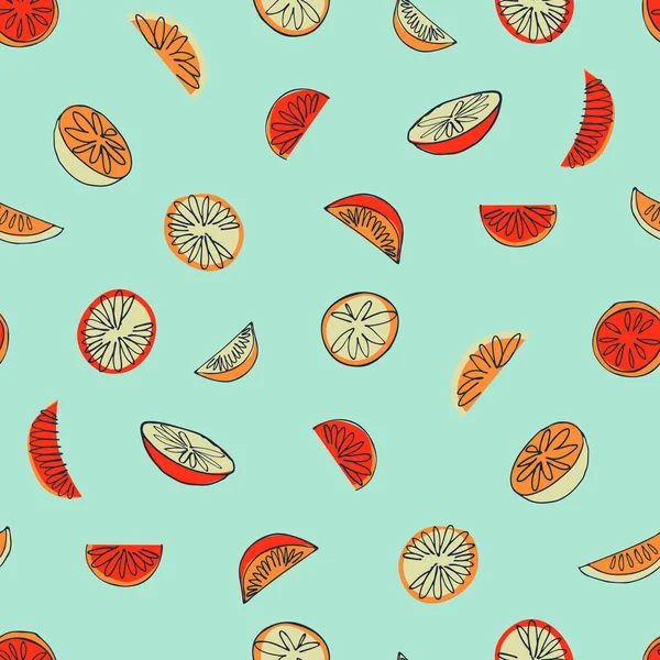 表面のデザイン ポスター イラストのための手描き柑橘類とシームレスなパターン 健康的なビーガンフード トロピカルフルーツのテーマ — ストックベクタ