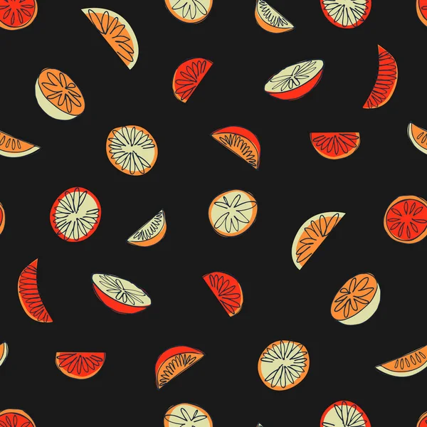 表面のデザイン ポスター イラストのための手描き柑橘類とシームレスなパターン 健康的なビーガンフード トロピカルフルーツのテーマ — ストックベクタ