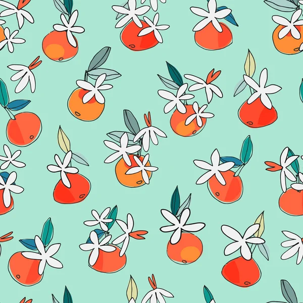 Motif Sans Couture Avec Mandarine Fleurie Dessinée Main Orange Pour — Image vectorielle