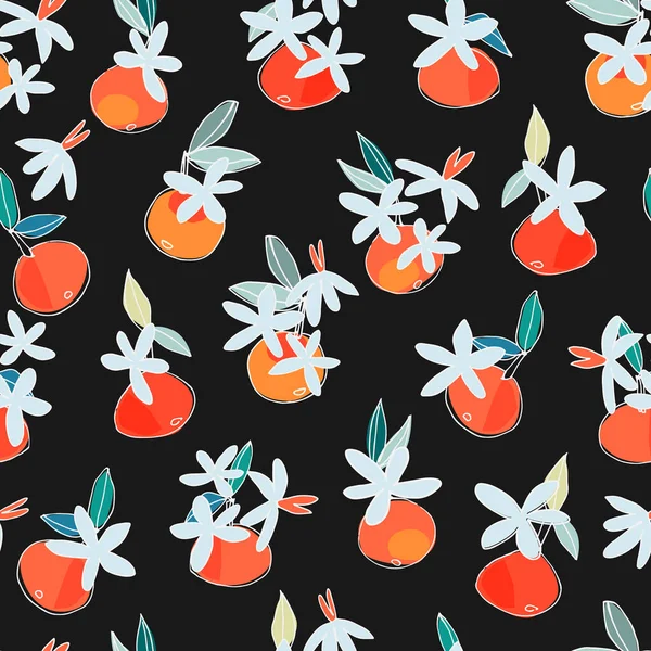 Patrón Sin Costura Con Mandarina Floreciente Dibujada Mano Naranja Para — Vector de stock