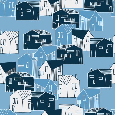 Lacivert renk paletinde şehir manzarası olan kusursuz bir desen. İkamet bölgesi. Yüzey tasarımı ve diğer tasarım projeleri için kentsel, banliyö veya kırsal alanlarda küçük evler