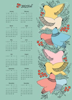 2023 yılı için takvim vektör şablonu. Turkuaz arka planda el ve kuşlarla çizilmiş.