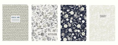El çizimi çiçekler, dallar ve yapraklarla kapak sayfası şablonları. Kusursuz kalıplara dayanarak. Defterler, defterler, günlükler için arka planlar. Başlıklar izole ve değiştirilebilir
