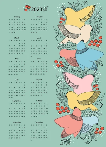カレンダーベクトルテンプレート2023年手描きで鳥や果実をターコイズを背景に — ストックベクタ