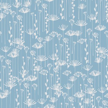 Ditzy tarzında, el çizimi çayır çiçekleri olan kusursuz desen. Yüzey tasarımı ve diğer tasarım projeleri için koyu arkaplan üzerindeki çizimler