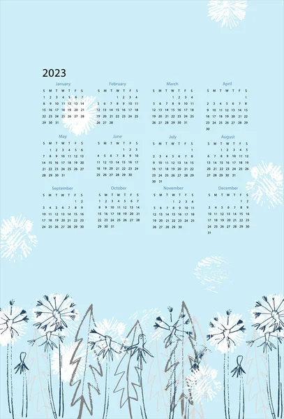 手描きのふわふわのタンポポの花をライトブルーの背景に2023年のカレンダーベクトルテンプレート 現代の花のデザイン — ストックベクタ