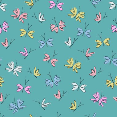 Fantezi güveleri olan kusursuz desenler, çizgi film tarzında kelebekler. Mutlu yaz çizimleri. Duvar kağıdı, tekstil, çocuklar için arka plan