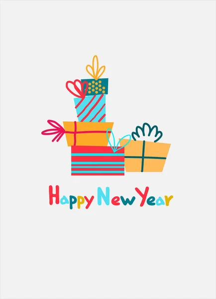 Happy New Year Greeting Card Design Holiday Presents Gift Packages — Stock Vector