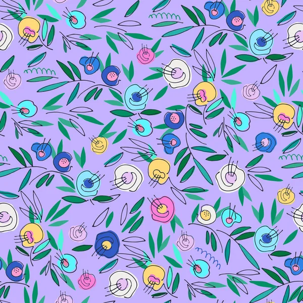 Nahtlose Bunte Muster Mit Handgezeichneten Hellen Blumen Auf Dunklem Hintergrund — Stockvektor