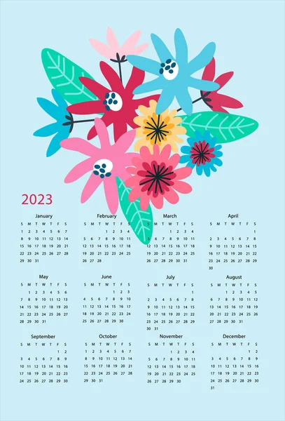 Шаблон Вектора Календаря 2023 Год Нарисованными Вручную Дикими Цветами Синем — стоковый вектор