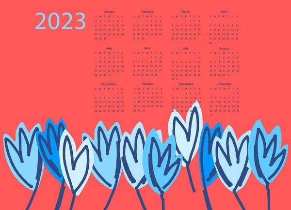 Modelo Vetor Calendário Para Ano 2023 Com Flores Silvestres Desenhadas — Vetor de Stock