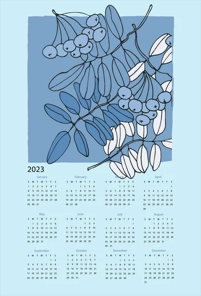 Шаблон Вектора Календаря 2023 Год Нарисованными Вручную Дикими Цветами Синем — стоковый вектор