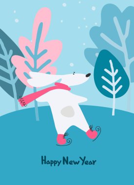Su Tavşanı 'yla yeni yıl tebrik kartınız kutlu olsun. Gece Ormanı 2023 için zodyak hayvanı. Komik Çin burcu tavşanı ve el yazısı selamlama cümlesi