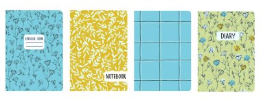 Izgarasız desenlere, spiral çizgilere, çiçek desenlerine dayalı kapak sayfası şablonları. Okul defterleri, günlükler için ekose arka planlar. Başlıklar izole ve değiştirilebilir