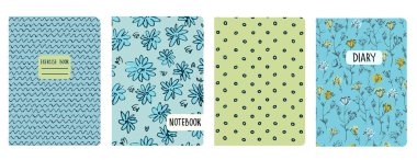 Izgarasız desenlere, spiral çizgilere, çiçek desenlerine dayalı kapak sayfası şablonları. Okul defterleri, günlükler için ekose arka planlar. Başlıklar izole ve değiştirilebilir