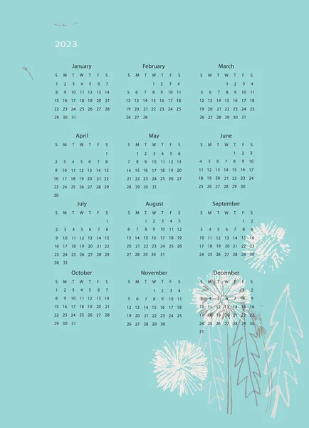 Modelo Vetor Calendário Para Ano 2023 Com Flores Dente Leão — Vetor de Stock