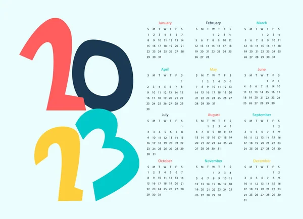 手描きの数字で2023年のカレンダーベクトルテンプレート ライトブルーの背景に番号 — ストックベクタ