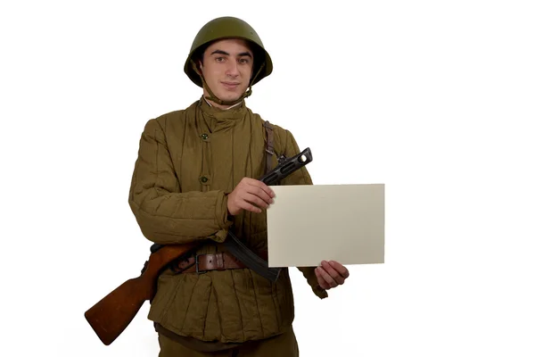 Sovjetisk soldat visar tecken — Stockfoto