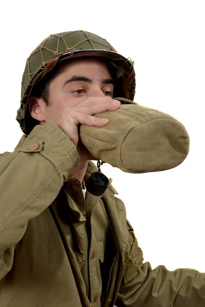 Young american soldier drink a water — Stock Photo, Image