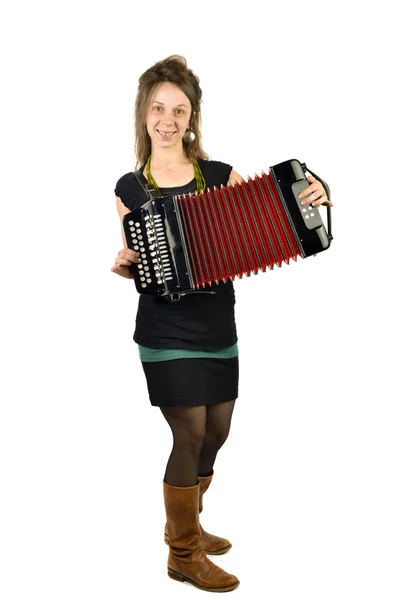 Vrouw speelt accordeon front witte achtergrond — Stockfoto