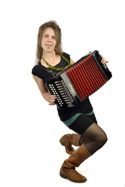 Vrouw accordeon voorzijde witte achtergrond — Stockfoto