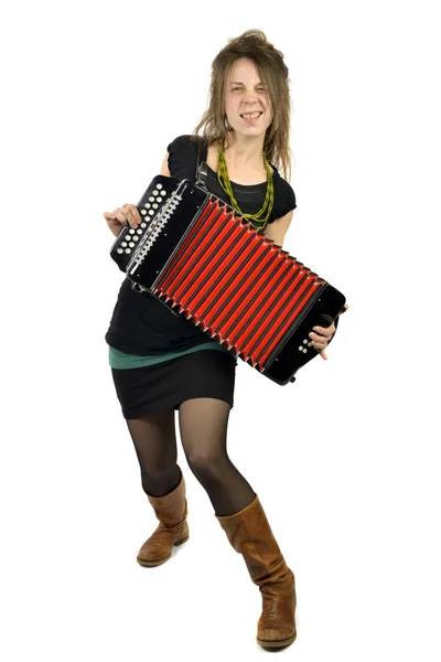 Vrouw accordeon voorzijde witte achtergrond — Stockfoto