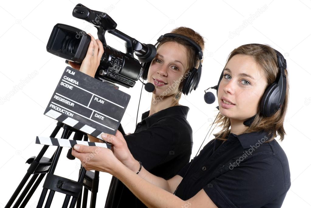 Two young women with a video camera