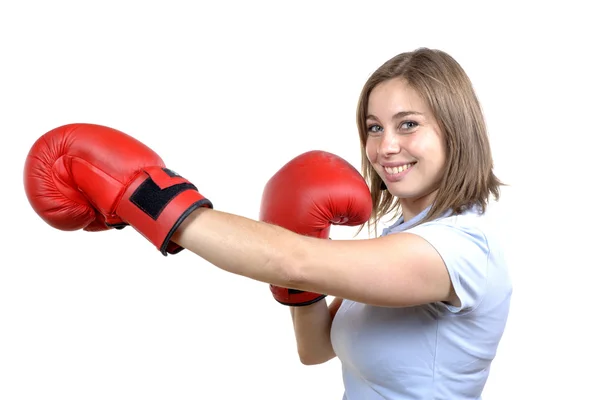 Mujer joven con guantes de boxeo —  Fotos de Stock