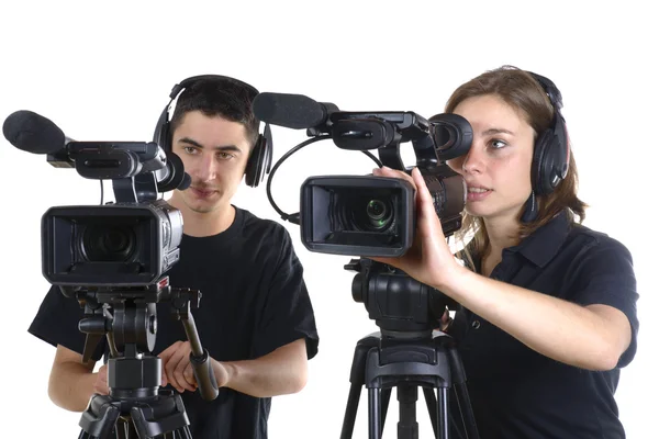 Jovem e jovem mulher com câmeras de vídeo — Fotografia de Stock