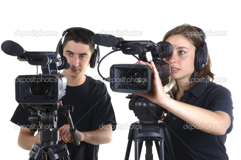 young man and young woman with video cameras