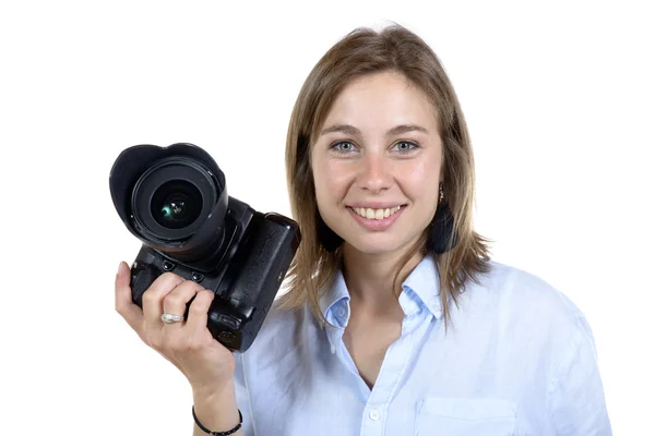 Pretty woman with camera — Stock Photo, Image