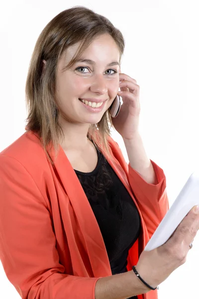 Jolie femme avec tablette numérique — Photo