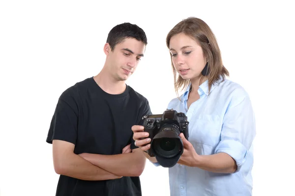 年轻的女摄影师和学生 — 图库照片