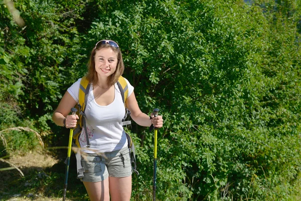 सुंदर तरुण स्त्री पर्वत मध्ये हायकिंग आहे — स्टॉक फोटो, इमेज