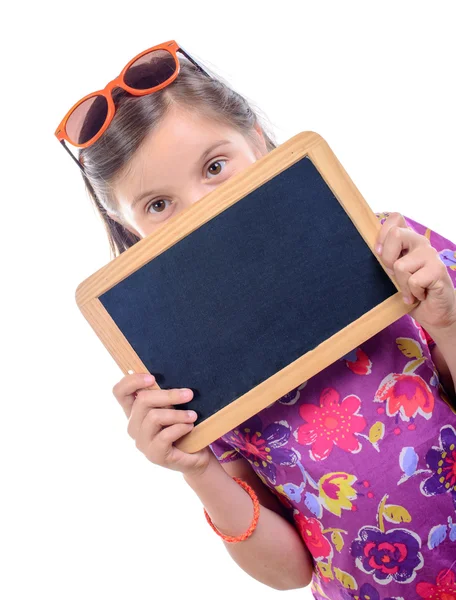 Schoolgirl with a slate — Stock Photo, Image