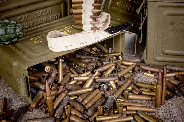 Box of ammunition with empty cartridges — Stock Photo, Image