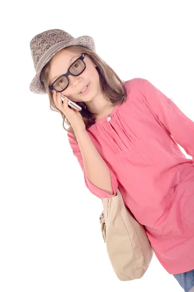 Niña con una maleta roja hablando por teléfono — Foto de Stock