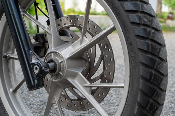 Close Motorcycle Brakes Front Wheel — Photo