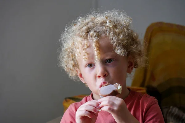 Молодий Хлопчик Їсть Шоколадне Морозиво — стокове фото