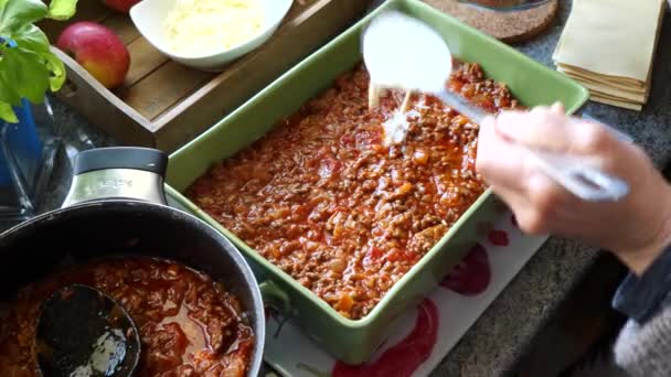 Woman Preparing Meat Lasagna Kitchen — Stock Video