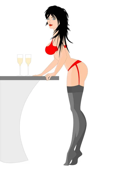 Sexy Girl Wearing Red Underwear Drink Champagne — Archivo Imágenes Vectoriales