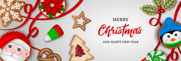 Karácsonyi Banner Cukorkával Süteményekkel Süteményekkel — Stock Vector