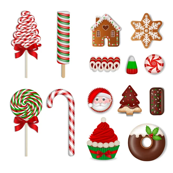 Karácsonyi Édességek Gyűjteménye Izolált Nyalókák Cukorkák Csokoládék Sütemények Sütemények — Stock Vector