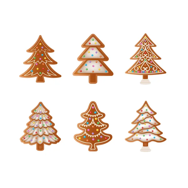 Ensemble Biscuits Isolés Pain Épice Forme Arbre Noël — Image vectorielle