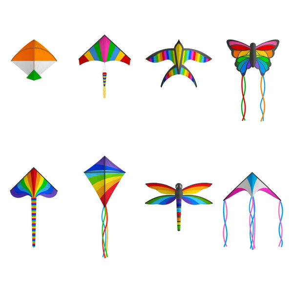 Set Van Geïsoleerde Kleurrijke Vliegers Van Verschillende Soorten Vormen Makar — Stockvector