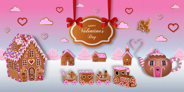 Valentinstag Hintergrund Mit Lebkuchenlandschaft Landschaft Mit Lebkuchenhäusern Teekanne Lebkuchenzug Und — Stockvektor