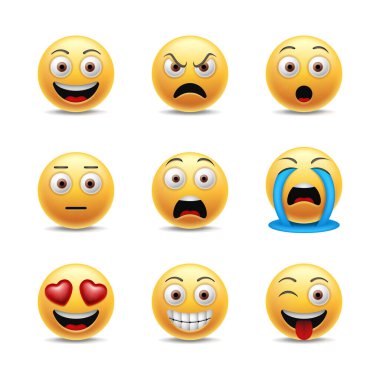  Bir sürü komik duygu simgesi. Emoji koleksiyonu. Farklı ifadeli sarı yüzler.